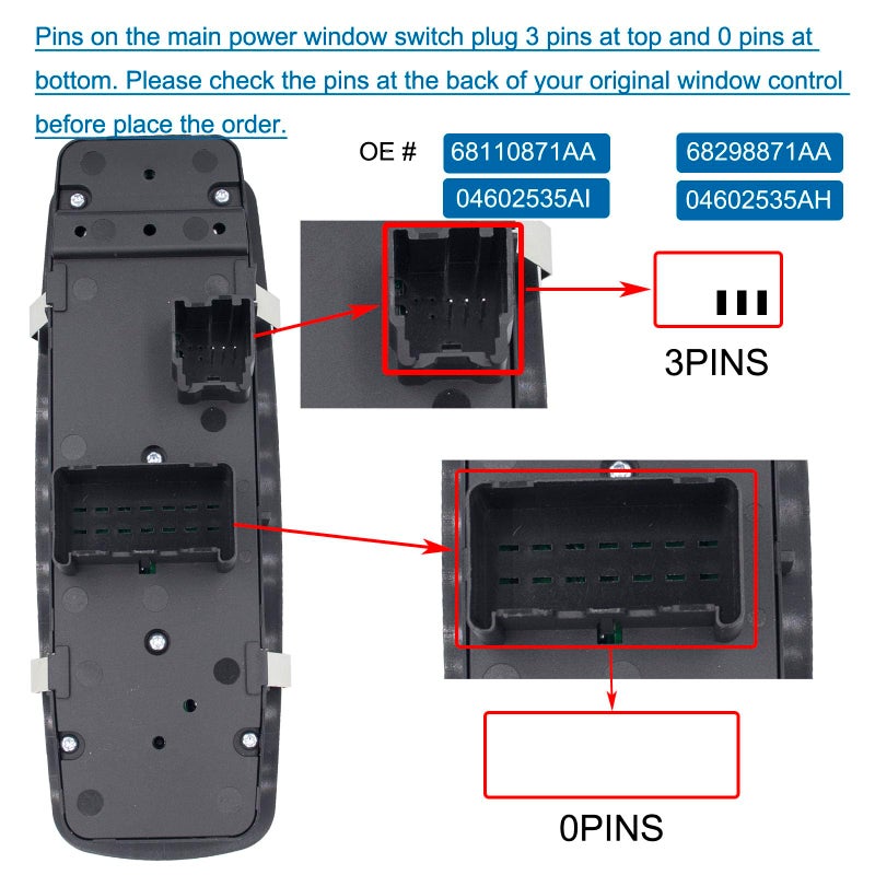 MOCW مفتاح نافذة الطاقة الرئيسي من جهة السائق 04602535AI 68110871AA 3 دبابيس + 0 دبابيس تحقق من التوافق لعام 2012 - 2017 دودج غراند كارافان، كرايسلر تاون آند كانتري - مزدوج أوتوماتيكي - Image 2